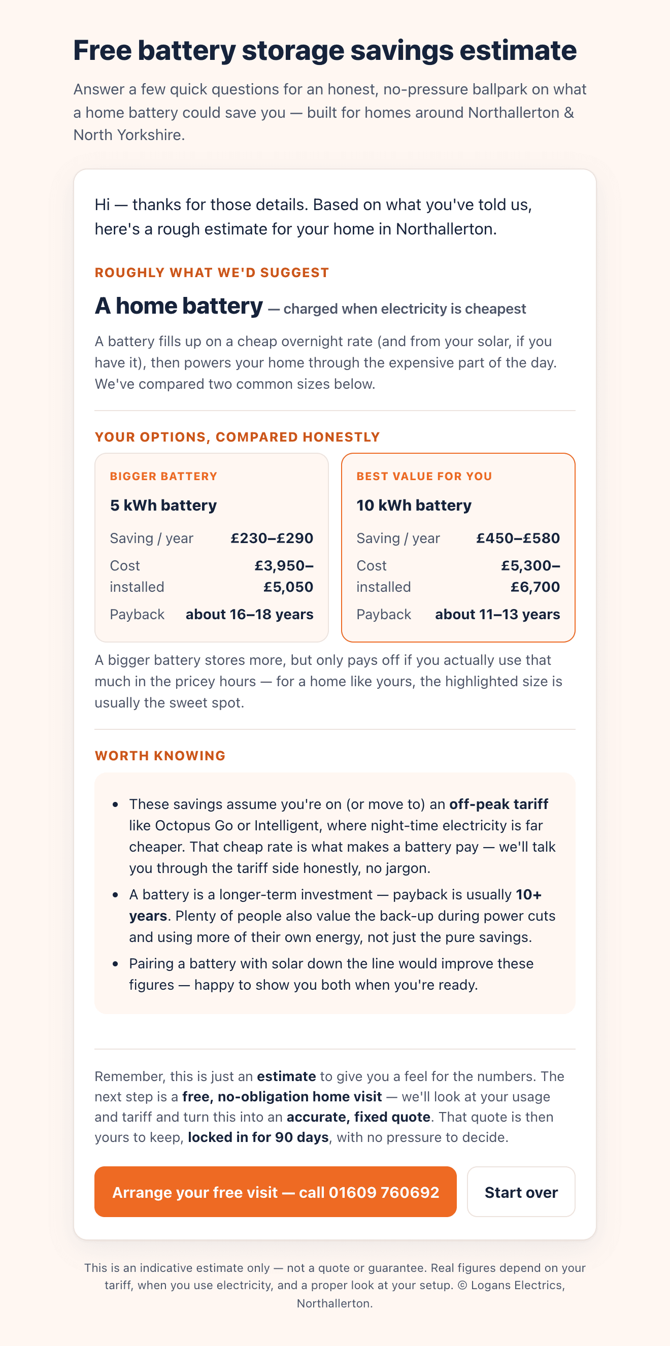 Logans Electrics battery savings calculator result