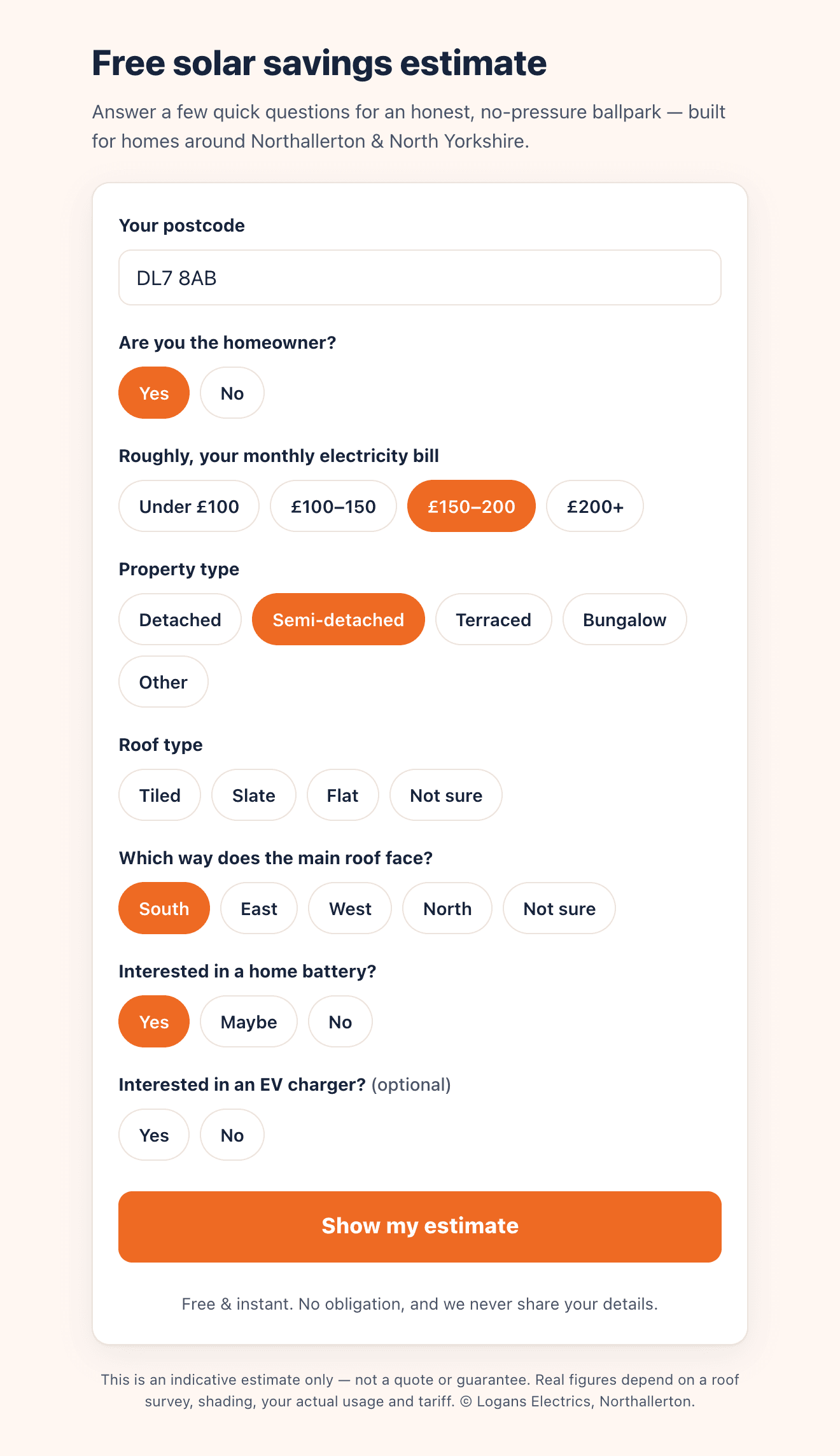 Short input step for the Logans Electrics solar savings calculator